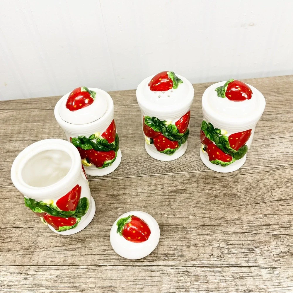 Vintage Ceramic Strawberry Spice Jar Set and Salt and Pepper Shakers